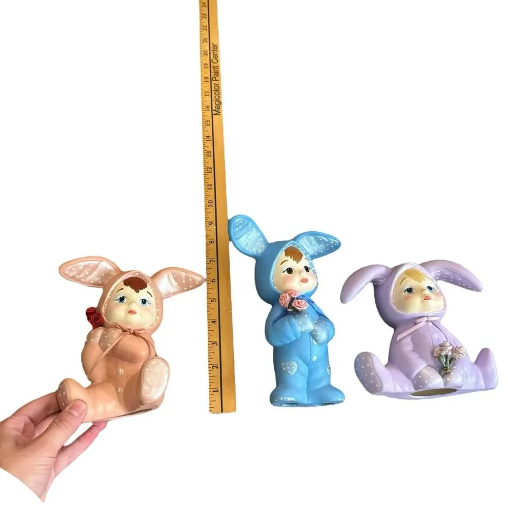 ADORABLE Vintage lot of 3 Ceramic Hand Painted‎ Pastel Sweet Tot Bunnies